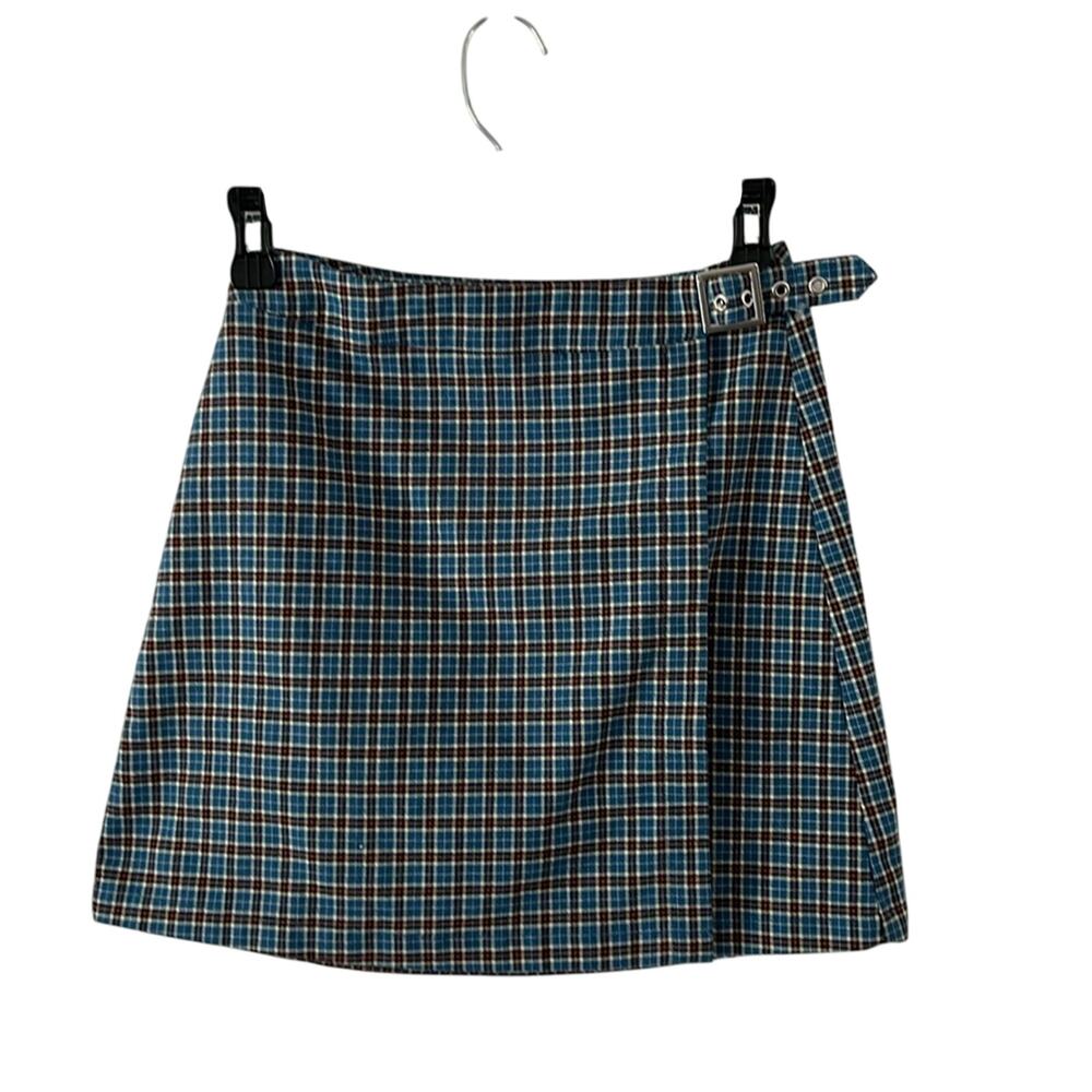 John Galt Brandy Melville Plaid Buckle Mini Skirt One Size XS/S/M Blue Wrap